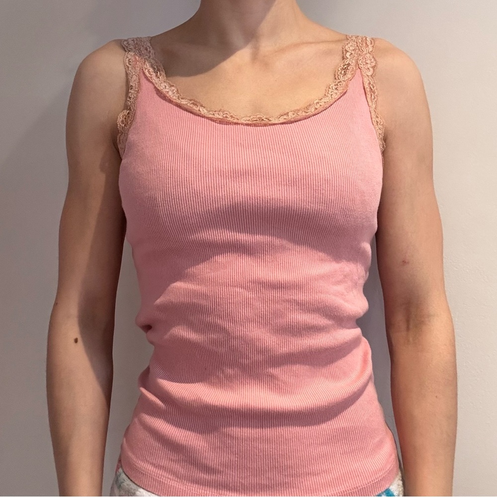 Pink Lace Trim Tank Top